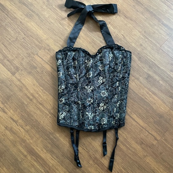 Fredricks Hollywood corset black lace sequins gold sexy Small bustier lingerie - Picture 1 of 11